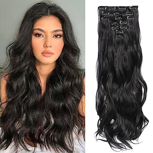 Photo 1 of Pelidon Clip in Hair Extensions for Black Women, 24 Inch 7Pcs/Set Curly Wave Synthetic Hairpieces Double Weft Hair Extension Darkest Brown Color
