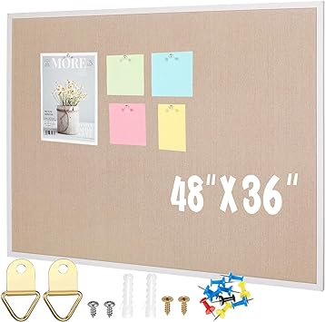 Photo 1 of Yeaqee Cork Boards Bulletin Board 48'' x 36''White Bulletin Board with Wood Frame Wall Mounted Picture Board Pin Boards for Walls Cute Memo Board for School Office Home Bedroom Kitchen Supplies
