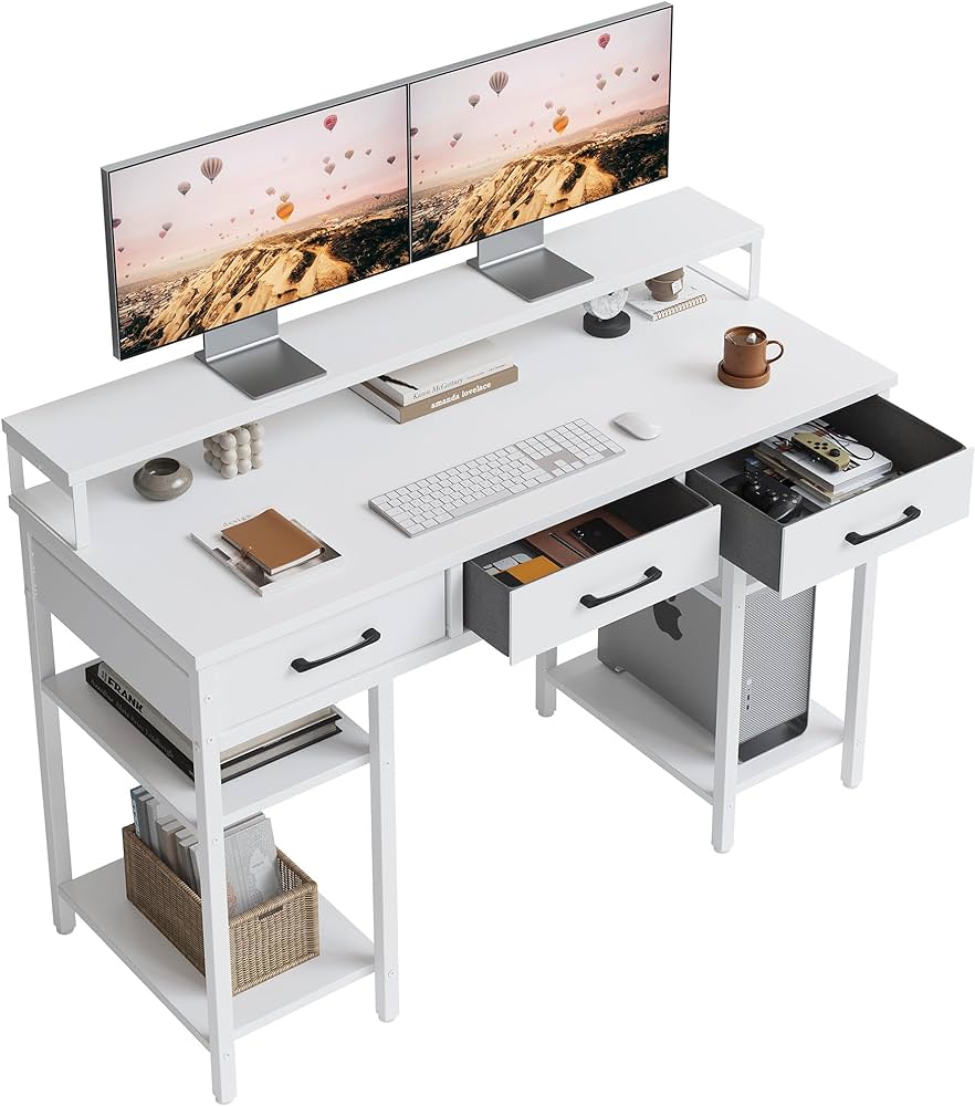 Photo 1 of CubiCubi 47 Inch Computer Office Home Desk with Fabric Drawers and Storage Shelfs, Small Modern Desk Study Writing Table with Monitor Shelf, White