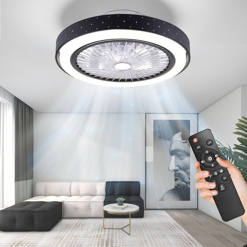 Photo 1 of **SEE NOTES**
POWROL Ceiling Fans with Lights Bladeless Remote Control Low Profile Enclosed Ceiling Fans LED 3 Colors Dimming 3 Speed 19''Flush Mount Fan Light Iron Black Timer 1H/2H for Bedroom
