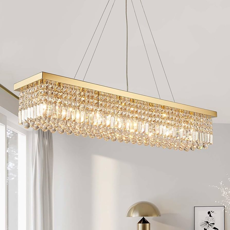 Photo 1 of 7PM Rectangle K9 Crystal Chandelier Modern Gold Crystal Chandelier Rectangular Pendant Lighting Fixture for Dining Room Kitchen Island Bedroom L47'' x W10'' x H10''