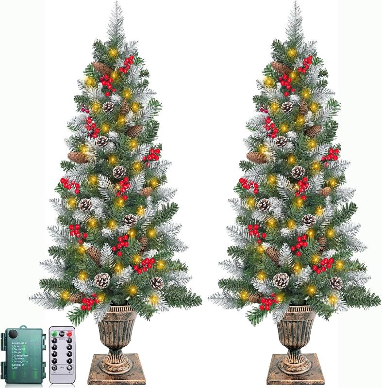 Photo 1 of 2 Pack 4 FT Snowy Christmas Entrance Tree in Gold Pot Base with Timer 80 Warm Lights Remote 8 Modes Battery Operated 140 Branchs 15 Pine Cones 105 Red Berries for Porch Front Door Entryway Home Decor