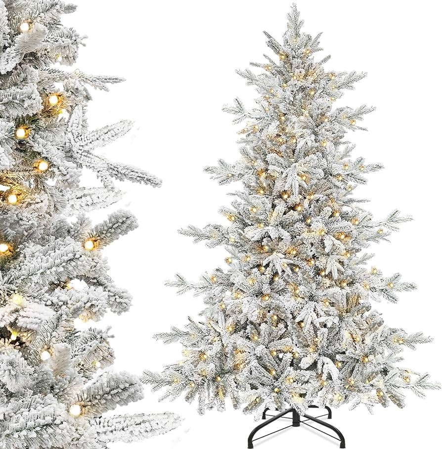 Photo 1 of [ Lush & 1111 Realistic Feel Snowy Tips] 6.5 Ft Prelit Snow Flocked Artificial Christmas Tree with 400 Warm Lights PE/PVC Tips & Metal Stand UL Plug Premium Hinged Xmas Tree Indoor Outdoor Home Decor