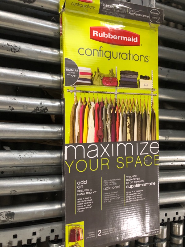 Photo 1 of Rubbermaid Configurations Custom Add On Closet Shelving & Closet Organizer Kit, 48", Titanium Titanium Extra Shelf with Hang Rod