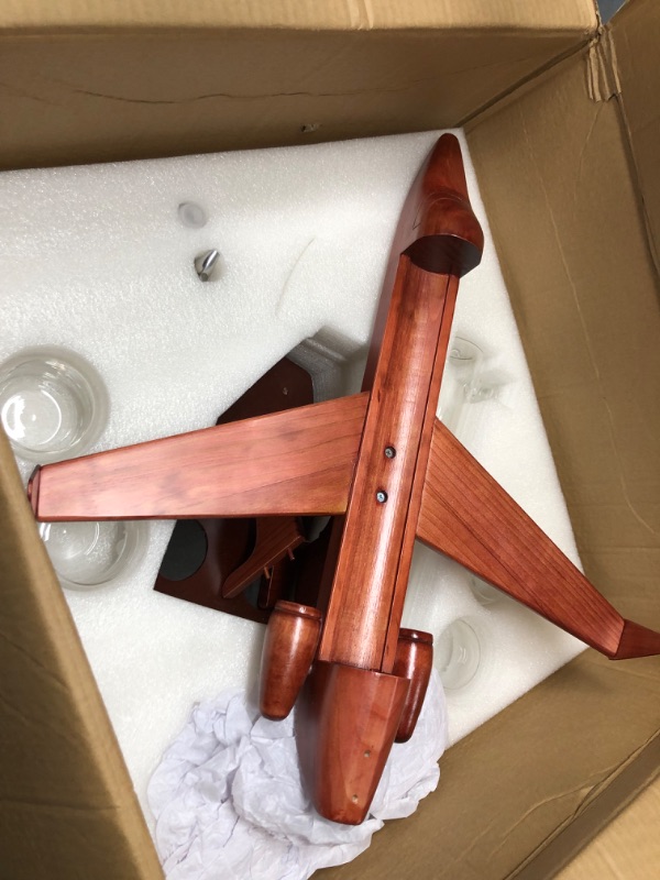 Photo 3 of *MINOR DAMAGE SEE PHOTOS*
Whiskey & Wine Decanter Airplane Set and Glasses Antique Wood Airplan 21"