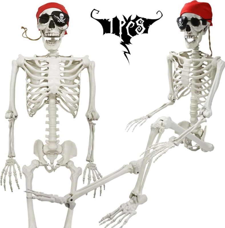 Photo 2 of ( two ) 5.4Ft/165cm Life Size Skeleton Halloween Decor, Posable Poseable Human Pirate Skeleton, Full Size Skeleton with Posable Joints Bandana Eye Patch for Halloween Party Outdoor Haunted House Decor
