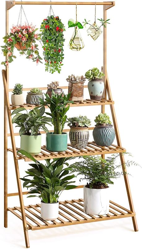 Photo 1 of Veakoo Bamboo 3 Tier Hanging Plant Stand Indoor Outdoor, Ladder Plant Shelf Multiple Flower Display Stands Planter Rack Folding Shelves for Corner Balcony Window Patio Living Room
