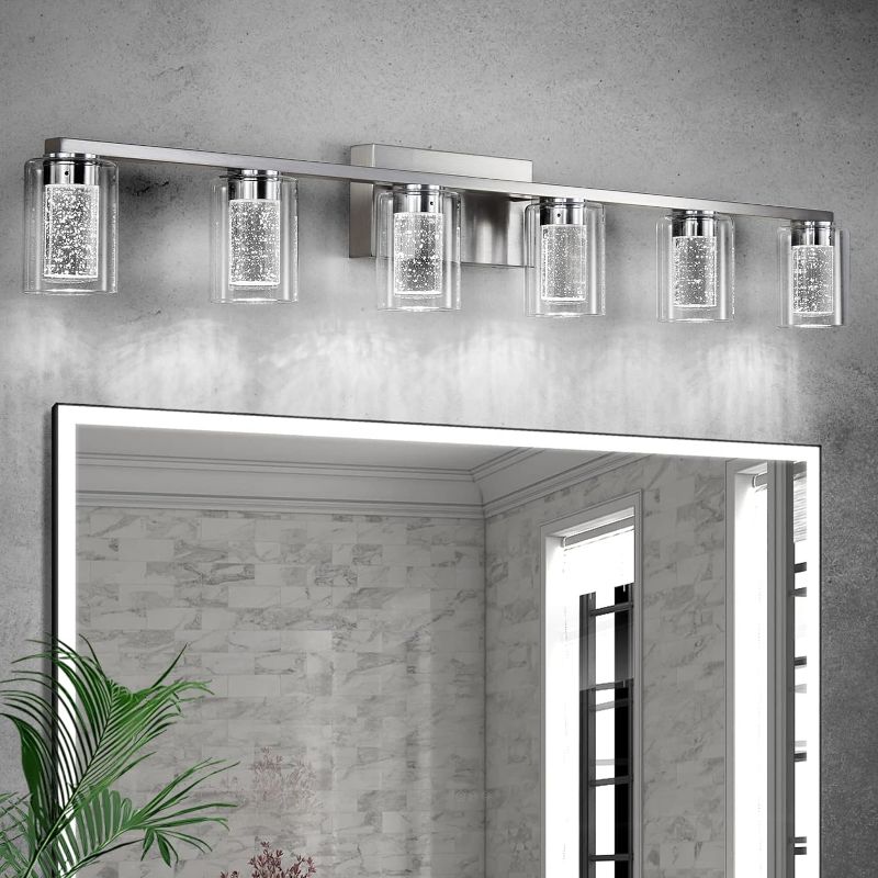 Photo 1 of 6 Light Bathroom Light Fixtures, Brushed Nickel Bathroom Vanity Light, Crystal Bubble Glass With Dimmable 3-Color ?White/Neutral/Warm), LED Bathroom Wall Sconce For Bathroom Hallway Living Room
