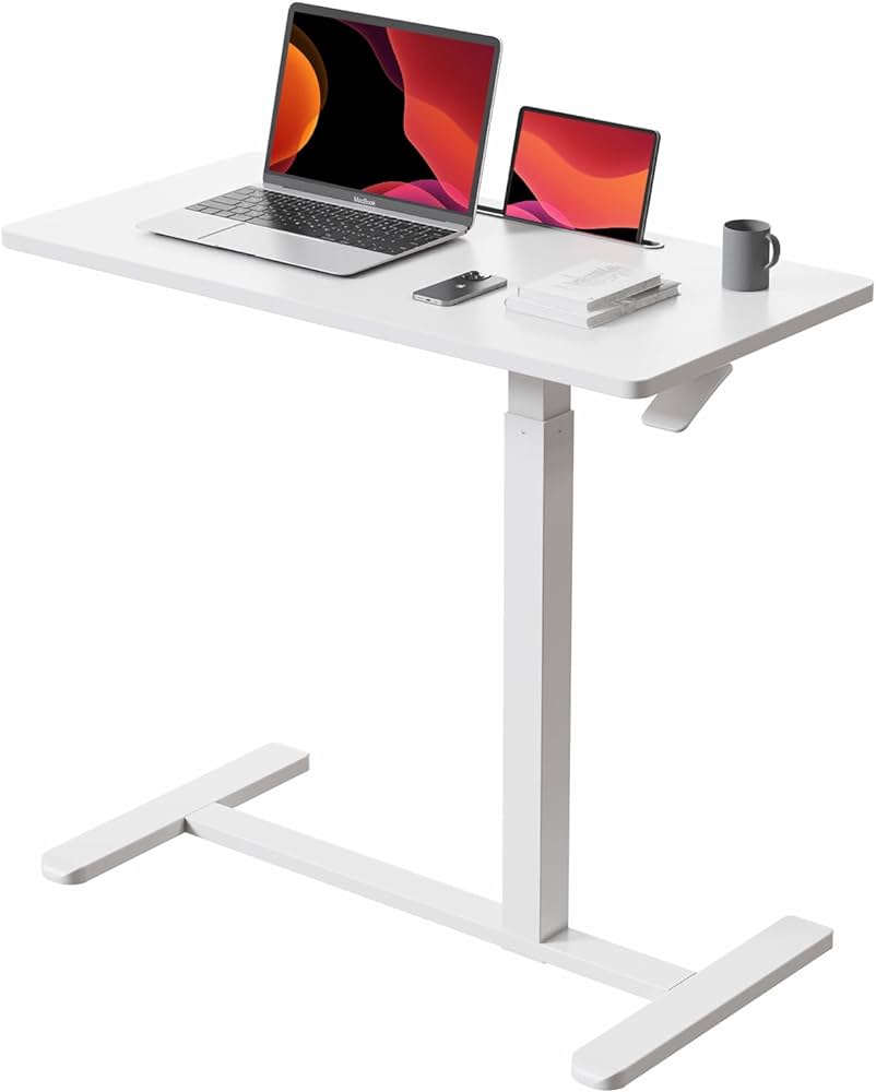 Photo 1 of Gibbon Mounts Mobile Standing Desk, Pneumatic Adjustable Rolling Desk(3.5ft), Portable Laptop Desk with Wheels, Overbed Bedside Table Laptop Table for Couch, Home, Office, White