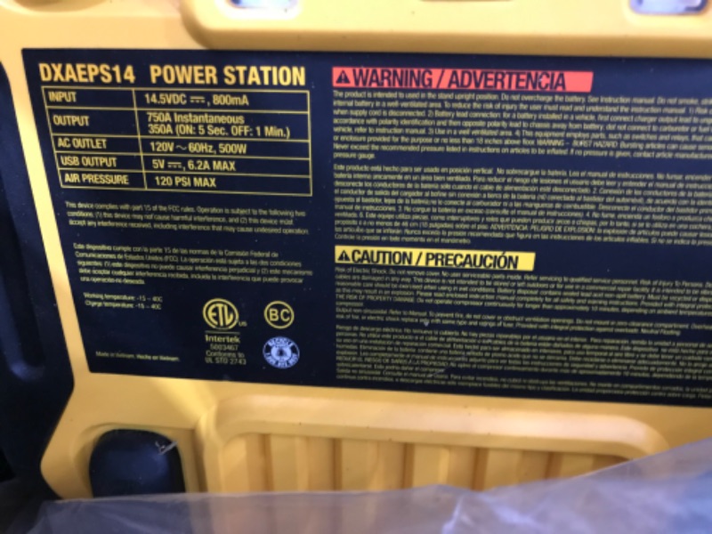 Photo 3 of **NONREFUNDABLE**FOR PARTS OR REPAIR**SEE NOTES**
DEWALT DXAEPS14 1600 Peak Battery Amp 12V Automotive Jump Starter/Power Station with 500 Watt AC Power Inverter, 120 PSI Digital Compressor, and USB Power , Yellow