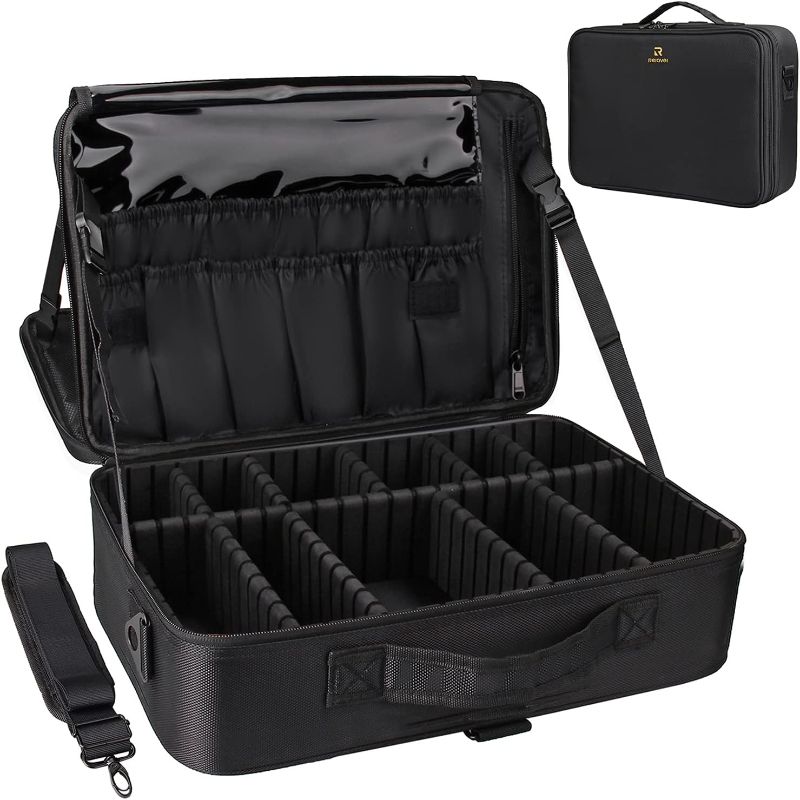 Photo 1 of Relavel Makeup Case Large Makeup Bag Professional Train Case 16.5 inches Travel Cosmetic Organizer Brush Holder Waterproof Makeup Artist Storage Box, 3 Layer Large Capacity, with Adjustable Strap