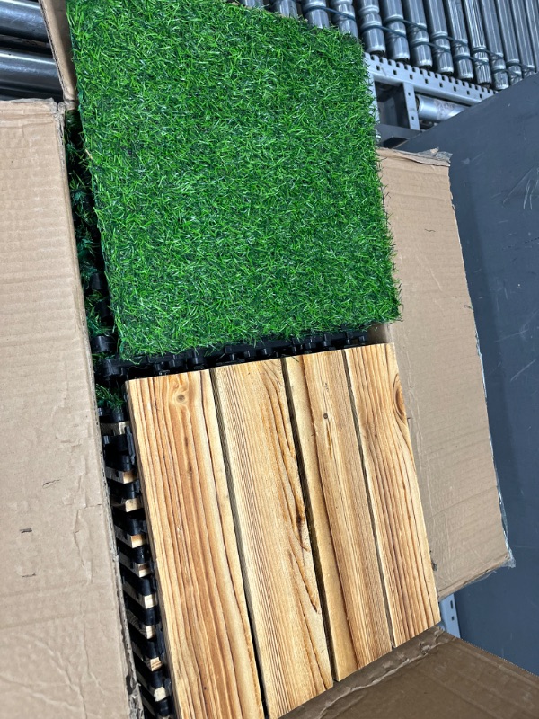 Photo 2 of 24 Pcs Hardwood Interlocking Patio Deck Tile and Artificial Grass Tile Waterproof Wood Flooring Tile Interlocking Turf Tile Outdoor Self Draining Tile for Balcony Garden Patio Lawn, 12x12 in