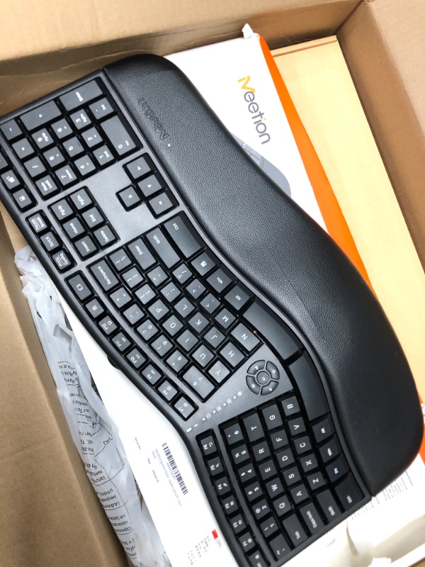 Photo 2 of MEETION Ergonomic Keyboard, Split Wireless Keyboard with Cushioned Wrist, Palm Rest, Curved, Natural Typing Full Size Rechargeable Keyboard with USB-C Adapter for PC/Computer/Laptop/Windows/Mac, Black Large Black