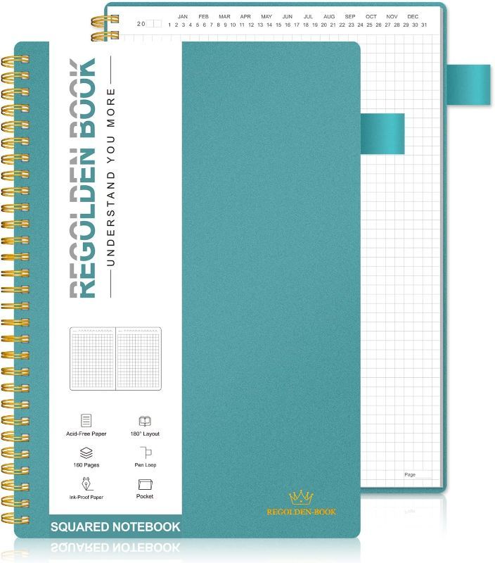 Photo 1 of Regolden-Book Undated Spiral Graph Notebook, Large Squared Notebook, Engineering Math Grid Journal with Pen Holder 160 Pages 7x10, for Men & Women School/College/Work/Office/Business (Teal)