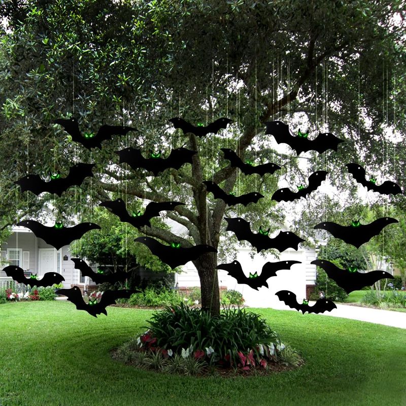 Photo 1 of 20Pcs Halloween Hanging Bats Decorations Outdoor - Plastic Flying Bats with Glowing Eyes for Front Door Yard Tree Halloween Hanging Decorations Outside