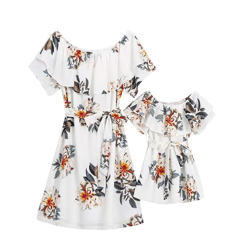 Photo 1 of Mommy and Me Dresses Matching Outfits Summer Casual Cute Crop Top Cold Shoulder Ruffle Layered Floral Printed Sweet Dress, White02, 3T Years