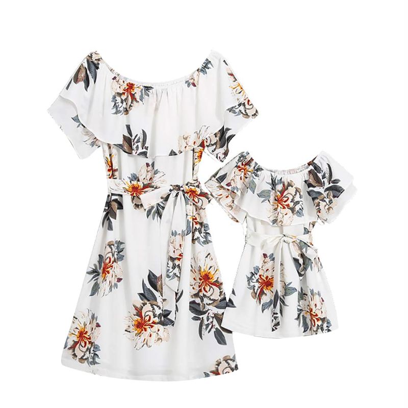 Photo 1 of Mommy and Me Dresses Matching Outfits Summer Casual Cute Crop Top Cold Shoulder Ruffle Layered Floral Printed Sweet Dress, White02, 5T Years