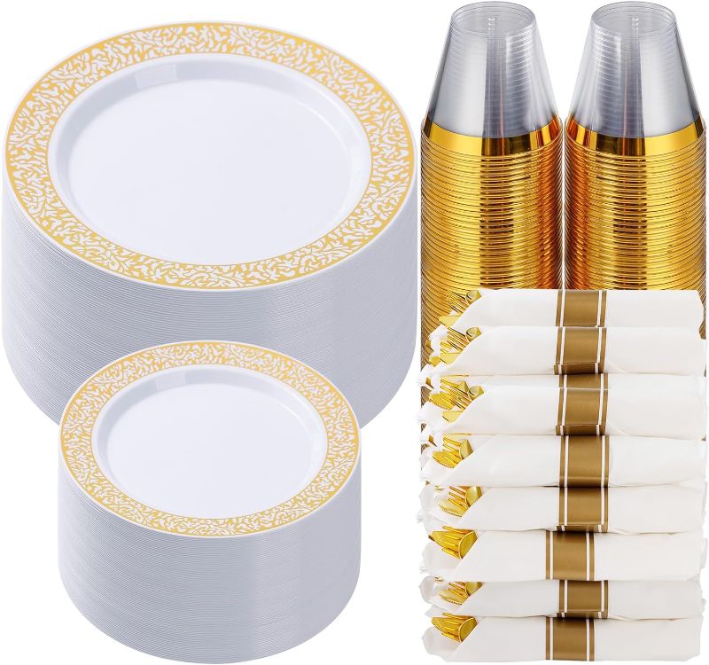 Photo 1 of 350 Piece Gold Plastic Dinnerware Set for 50 Guests,Disposable Lace Plates for Party, Include: 50 Gold Plates, 50 Plastic Dessert Plates Disposable, 50 Pre Napkins with Gold Silverware, 50 Cups

