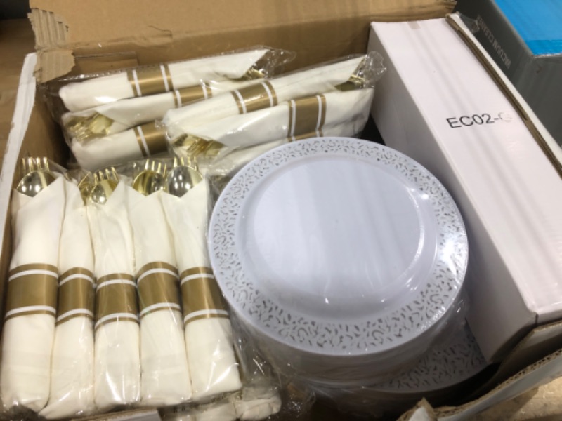 Photo 2 of 350 Piece Gold Plastic Dinnerware Set for 50 Guests,Disposable Lace Plates for Party, Include: 50 Gold Plates, 50 Plastic Dessert Plates Disposable, 50 Pre Napkins with Gold Silverware, 50 Cups
