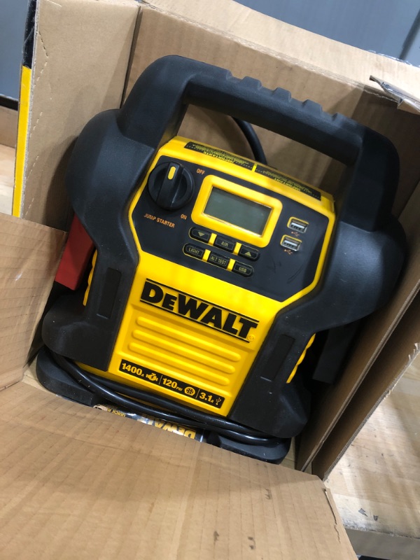 Photo 2 of DEWALT DXAEJ14 Digital Portable Power Station Jump Starter: 1400 Peak/700 Instant Amps, 120 PSI Digital Air Compressor, 3.1A USB Ports, Battery Clamps , Yellow