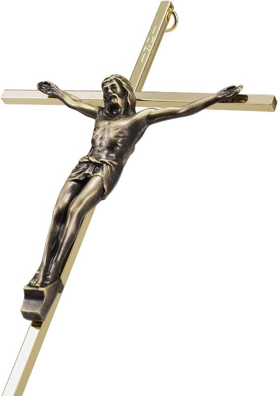 Photo 1 of ACHIBANG Crucifix Wall Cross - Metal Slender Catholic Crosses Wall Decor - 10 Inch - Shiny Gold
