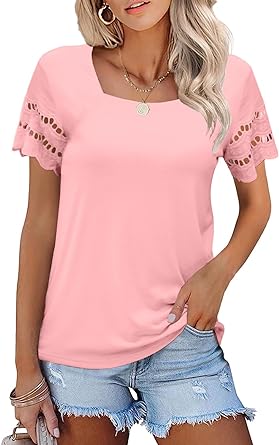 Photo 2 of Ladiyo Womens Square Neck Tops Summer Lace Sleeve T Shirts Loose Casual Solid Color Blouse