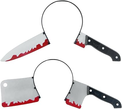 Photo 1 of 2pcs Funny Scary Halloween Props Through Head Bloody Headband Hairband Hair Hoop Horror Party Costume Accessories Trick Toy (Cleaver + Pointed Knife)