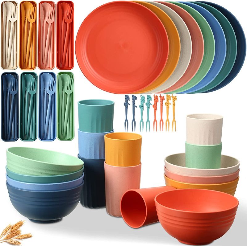 Photo 1 of 56 Pieces Wheat Straw Dinnerware Set Unbreakable Plastic Plate and Bowl Dishes for Kids Travel Picnic Camping Dishes Colorful Dinner Plates Dishwasher Microwave Safe Reusable Lightweight Tableware