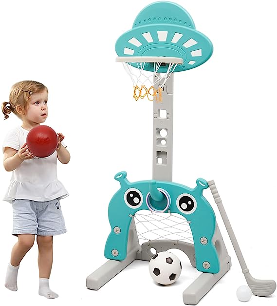 Photo 1 of Basketball Hoop for Kids 4 in 1 Sports Activity Center Grow-to-Pro Adjustable Easy Score Basketball Hoop Football/Soccer Goal Golf Game Ring Toss Best Gift for Kids Baby Infant Toddler