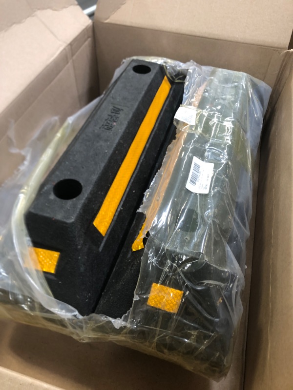 Photo 1 of 4 Pack Heavy Duty Rubber Parking Block Parking Curb | Wheel Stop Stoppers with Yellow Reflective Stripes for Car, Truck, RV, Trailer, and Garage (4)