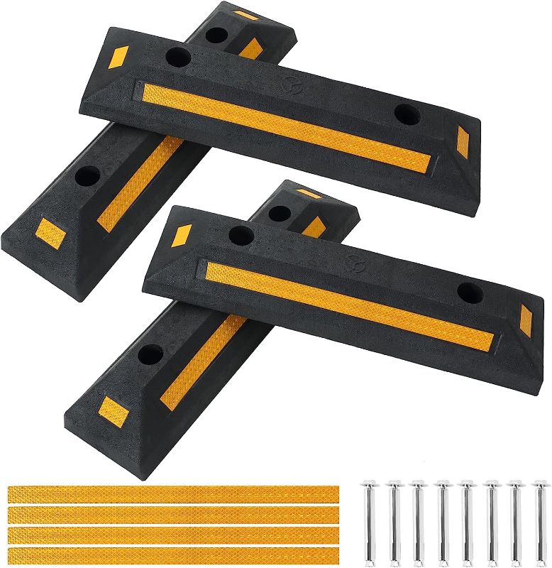 Photo 1 of 4 Pack Heavy Duty Rubber Parking Block Parking Curb | Wheel Stop Stoppers with Yellow Reflective Stripes for Car, Truck, RV, Trailer, and Garage (4)