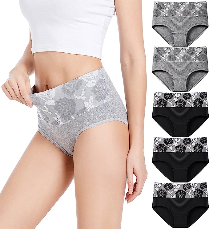 Photo 1 of  Women's Briefs Underwear Cotton High Waist Tummy Control Panties Rose Jacquard Ladies Panty Multipack, SIZE M 