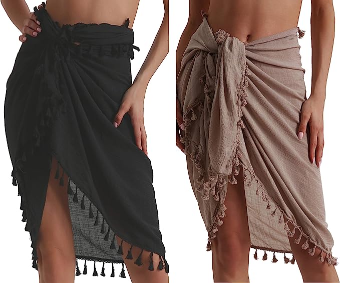 Photo 1 of Eicolorte Beach Sarong Pareo Womens Semi-Sheer Swimwear Cover Ups Short Skirt with Tassels