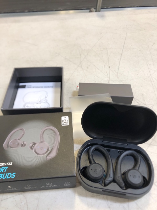 Photo 2 of Coucur Wireless Earbuds 5.1 Bluetooth Headphones Sport with Two Detachable Earhooks in Ear Wireless Earphones Noise Cancelling Touch Control, 30H Playtime Deep Bass IP7 Waterproof Headset BLACK