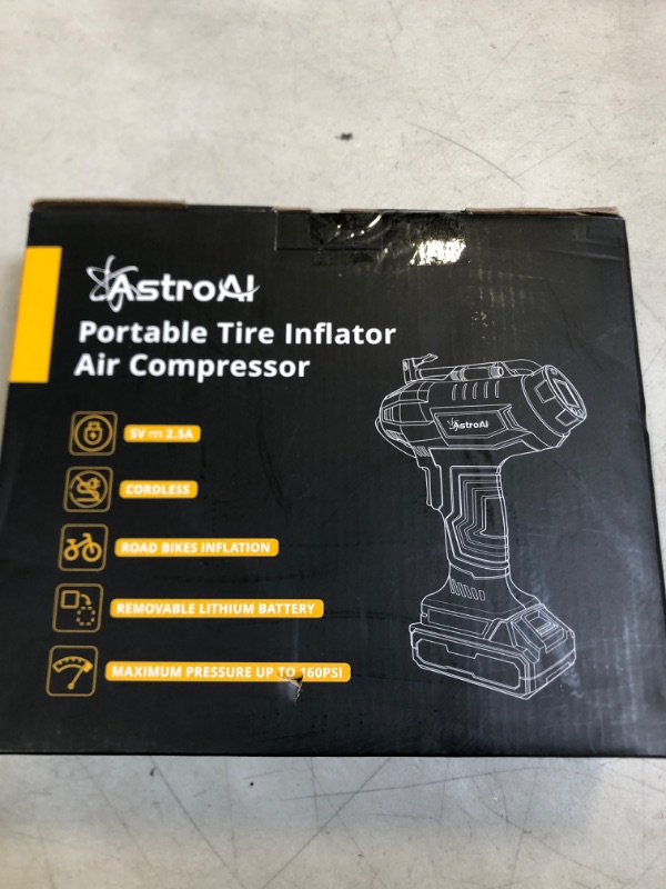 Photo 1 of AstroAI Cordless Tire Inflator Air Compressor 20V Rechargeable Battery Powered 160PSI Portable Handheld Air Pump with 12V Car Power Adapter Digital Pressure Gauge for Cars Motorcycles JY16P160-18?C2? 1-yellow