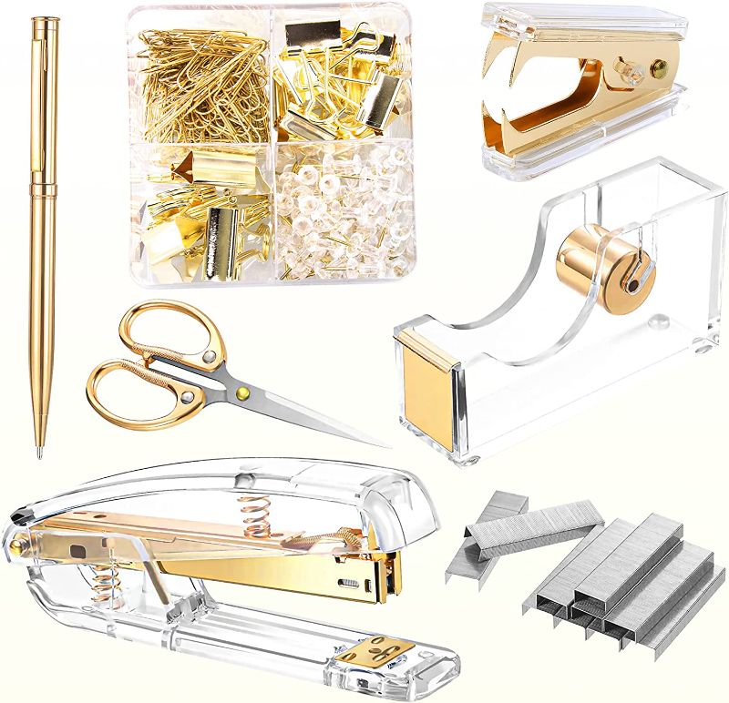 Photo 1 of Office Supplies Set Desk Stationery Accessories Kit of Stapler, Staple Remover, Tape Dispenser, Binder Clips, Paper Clips, Ballpoint Pen and Scissor with 2000pcs Staples(Gold)