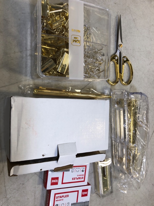 Photo 2 of Office Supplies Set Desk Stationery Accessories Kit of Stapler, Staple Remover, Tape Dispenser, Binder Clips, Paper Clips, Ballpoint Pen and Scissor with 2000pcs Staples(Gold)