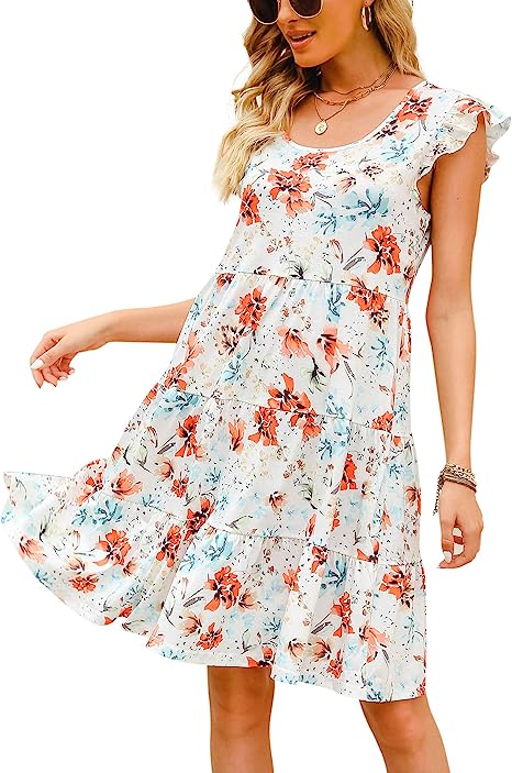 Photo 1 of  Women's Summer Dresses Casual Babydoll Dress Swing Floral Midi Dress with Pockets, SIZE L 