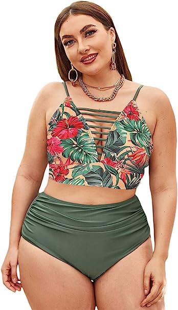 Photo 1 of  Women's Plus Size Floral Print High Waist Bikini Swimsuit Ruched 2 Piece Bathing Suit, SIZE 2XL 