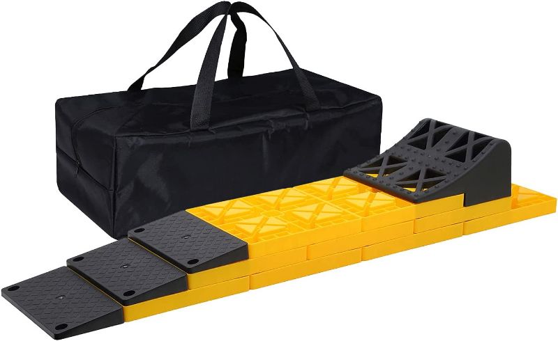 Photo 1 of  Wheels RV Leveling Blocks Ramp Design 9 Pack Interlocking Leveling Blocks with One Wheel Chock Camper Leveling Blocks with Carrying Bag