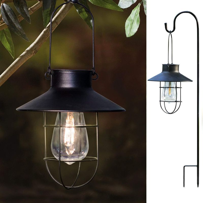 Photo 1 of 2 Pack EKQ Hanging Solar Lights Lantern Lamp with Shepherd Hook, Metal Waterproof Edison Bulb Lights for Garden Outdoo