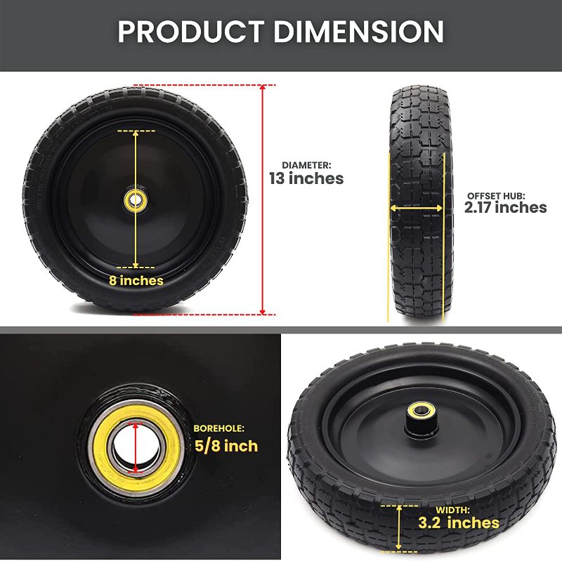 Photo 1 of (2-Pack) 13" Tire for Gorilla Cart - Solid Polyurethane Flat-Free Tire and Wheel Assemblies - 3.15" Wide Tires with 5/8 Inch Axle Borehole and 2.17" Offset Hub