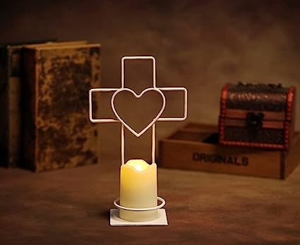 Photo 1 of WSgift Flameless Candle Holder, 9.25Inch Height Metal Cross Desktop Decor with Battery Operated Warm White LED Votive Candles for Wedding, Valentine's Day, Halloween, Christmas