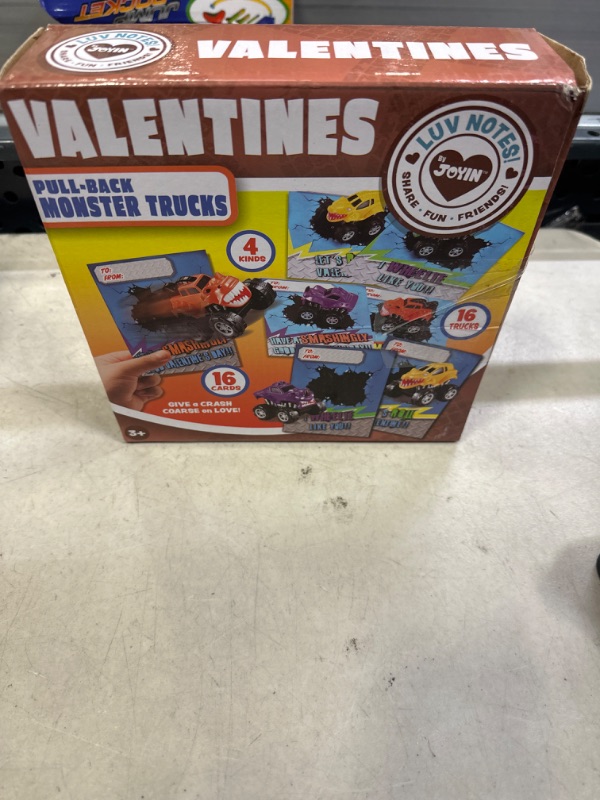 Photo 2 of JOYIN 16 Pack Valentines Day Gift Cards With Gift Pull Back Monster Truck Toys for Valentine's Classroom Exchange Prizes Valentine Party Favor Toys