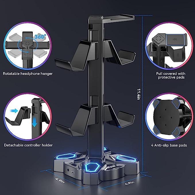 Photo 2 of Headphones Stand, Rotatable Headset Stand with 9 Light Modes - Controller Holder with 2 USB Charging Ports and 3.5mm & Type-C Port - Earphone Hanger Accessories for Desktop Gamer(Black)