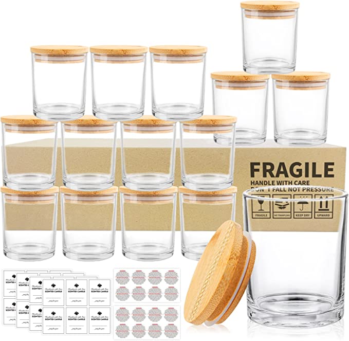 Photo 1 of 15 Pack Clear Empty Candle Jars with Bamboo Lids and Sticky Labels, Bulk Jars for Making Candles Containers - Dishwasher Safe, Glass----factory sealed