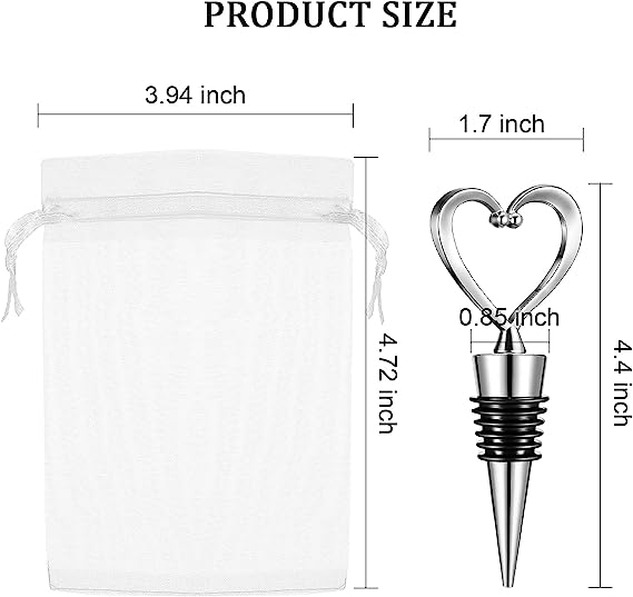 Photo 2 of  Heart Shape Wine Bottle Stopper Wedding Bridal Favor for Guests Stainless Steel Heart Wine Stopper with 100 Pieces White Sheer Organza Bags Wedding Favor Wine Fresh Holiday Party (Silver)