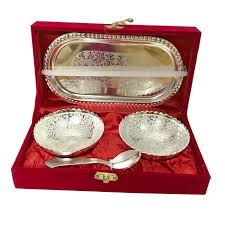 Photo 1 of  Handmade Designer Silver Color One Plated Two Round Shaped Bowl Set And Two Spoon with Velvet Box For Gifting Purposes on Diwali Wedding Aniversary Diwali Navratri Occasion.