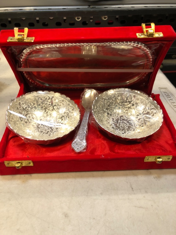 Photo 2 of  Handmade Designer Silver Color One Plated Two Round Shaped Bowl Set And Two Spoon with Velvet Box For Gifting Purposes on Diwali Wedding Aniversary Diwali Navratri Occasion.