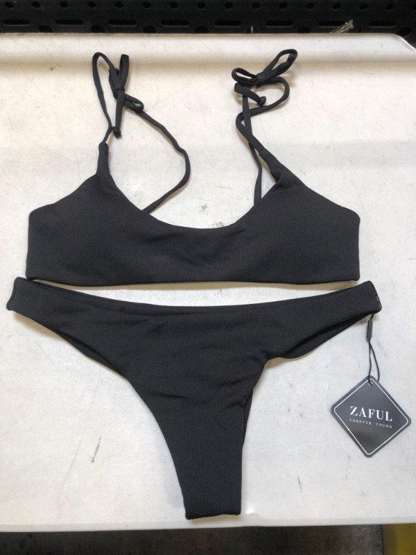 Photo 2 of ZAFUL Women's Sexy Tie Shoulders Ribbed Bikini Set Padded Strap Triangle Swimsuit Black2 Small